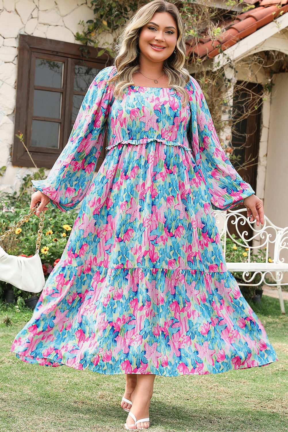 Sky Blue Floral Allover Print Shirred Square Neck Plus Size Maxi Dress Plus Size Maxi Dresses JT's Designer Fashion