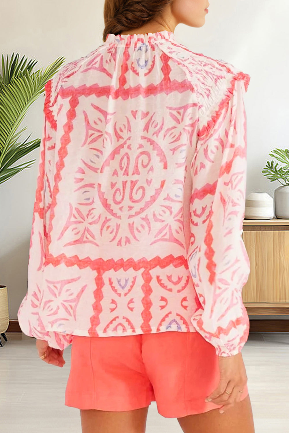 Desert Flower Vintage Print Smocked Poet Collar Billowy Blouson Sleeves Blouse Blouses & Shirts JT's Designer Fashion