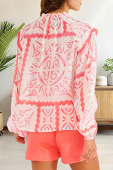 Desert Flower Vintage Print Smocked Poet Collar Billowy Blouson Sleeves Blouse Blouses & Shirts JT's Designer Fashion