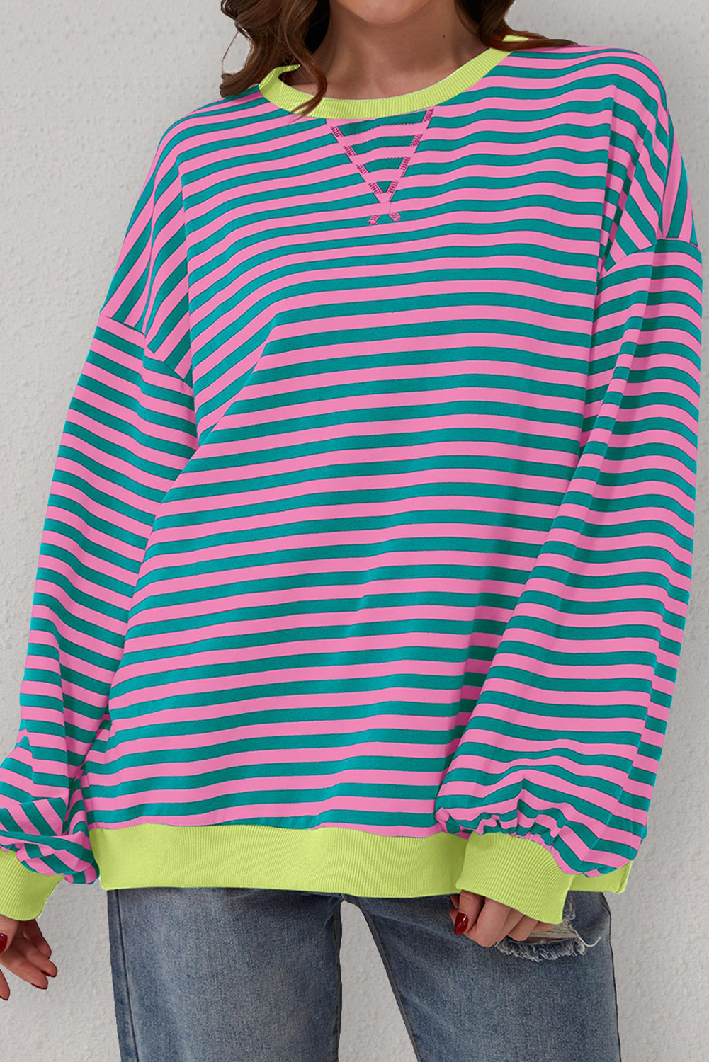 Green Stripe Oversized Contrast Trim Pullover Sweatshirt Sweatshirts & Hoodies JT's Designer Fashion