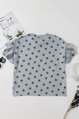 Gray USA Letter Patched Star Printed Ruffle Trim Sleeves Loose Tee Graphic Tees JT's Designer Fashion