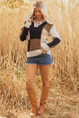 Multicolour Color Block Cable Knit Sleeve Buttons Collared Sweater Sweaters JT's Designer Fashion