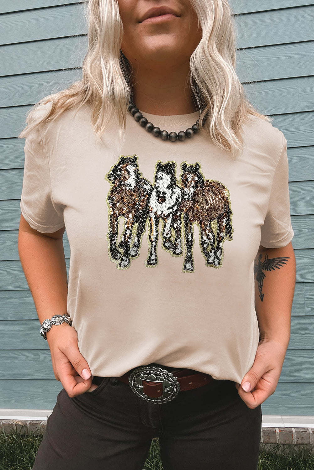 Khaki Sequin Horses Patched Casual Crewneck T Shirt Graphic Tees JT's Designer Fashion