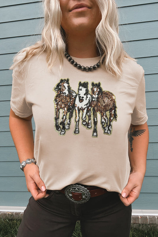 Khaki Sequin Horses Patched Casual Crewneck T Shirt Graphic Tees JT's Designer Fashion