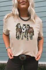 Khaki Sequin Horses Patched Casual Crewneck T Shirt Graphic Tees JT's Designer Fashion