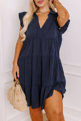 Navy Blue Collared V Neck Flutter Sleeve Tiered Plus Size Dress Plus Size Mini Dresses JT's Designer Fashion