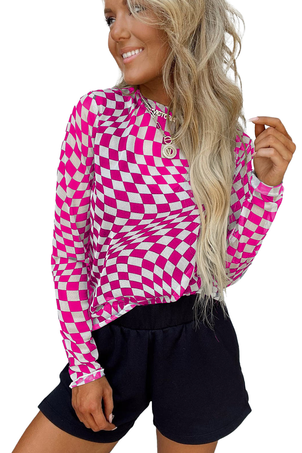 Rose Checkered Pattern Mesh Mock Neck Long Sleeve Top Long Sleeve Tops JT's Designer Fashion