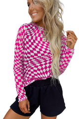 Rose Checkered Pattern Mesh Mock Neck Long Sleeve Top Long Sleeve Tops JT's Designer Fashion