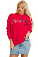 Fiery Red Tinsel Merry Letter Drop Shoulder Baggy Sweater Sweaters JT's Designer Fashion