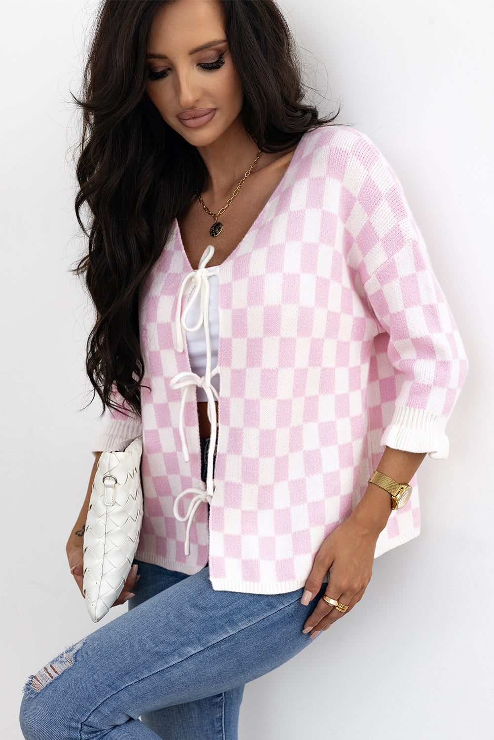 Light Pink Checkered Knitted Lace-up Ruffled 3/4 Sleeve Cardigan Cardigans JT's Designer Fashion