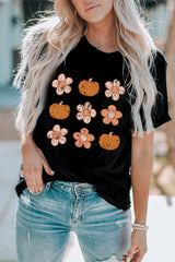Black Pumpkin Flower Print Short Sleeve Graphic Top Graphic Tees JT's Designer Fashion