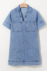 Beau Blue Short Sleeve Collared Patched Pocket Denim Mini Dress Mini Dresses JT's Designer Fashion