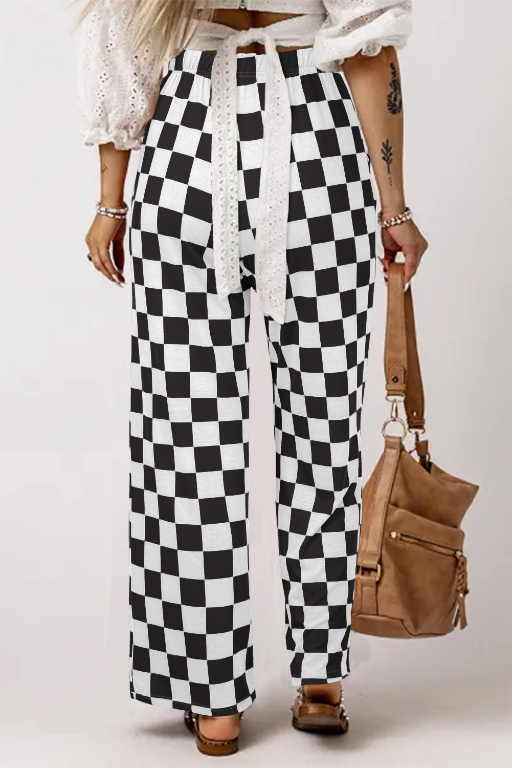 Black 2-Tone Checked Print High Waist Wide Leg Pants Pants & Culotte JT's Designer Fashion