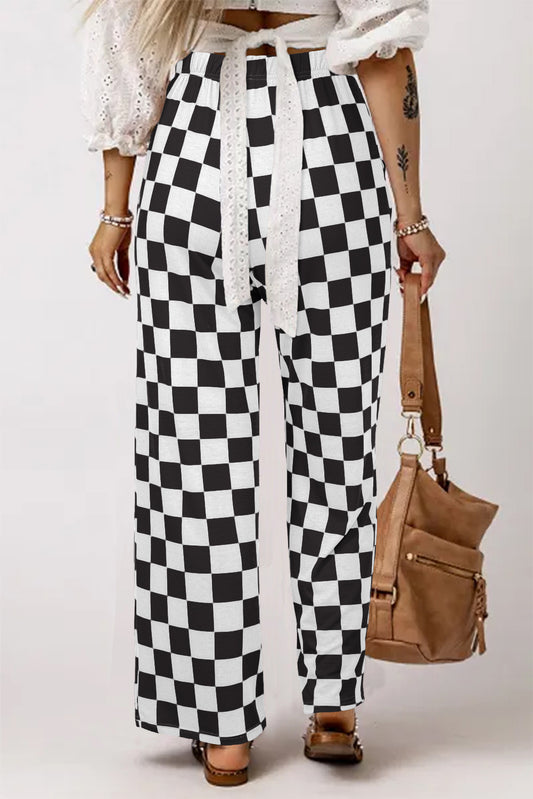 Black 2-Tone Checked Print High Waist Wide Leg Pants Pants & Culotte JT's Designer Fashion