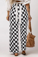 Black 2-Tone Checked Print High Waist Wide Leg Pants Pants & Culotte JT's Designer Fashion