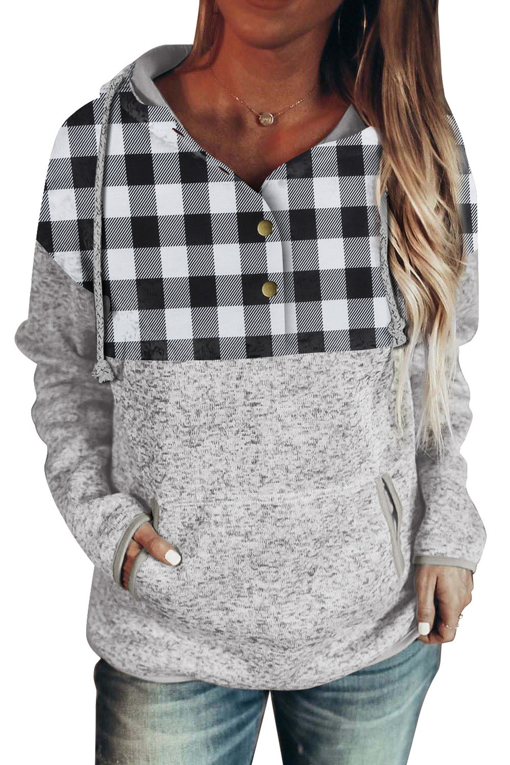 Black Plaid Splicing Pocketed Hoodie Sweatshirts & Hoodies JT's Designer Fashion
