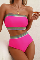 Rose Red Contrast Banding Tube Bikini High Waist 2pcs Swimsuit High Waisted Swimsuit JT's Designer Fashion