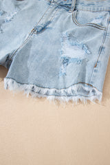 Beau Blue High Rise Distressed Raw Hem Denim Shorts Denim Shorts JT's Designer Fashion