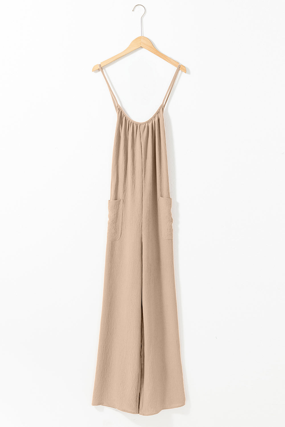 Apricot Spaghetti Straps Waist Tie Wide Leg Jumpsuit with Pockets Bottoms JT's Designer Fashion
