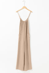 Apricot Spaghetti Straps Waist Tie Wide Leg Jumpsuit with Pockets Bottoms JT's Designer Fashion
