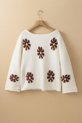 White Colorblock Floral Pattern Round Neck Sweater Sweaters JT's Designer Fashion