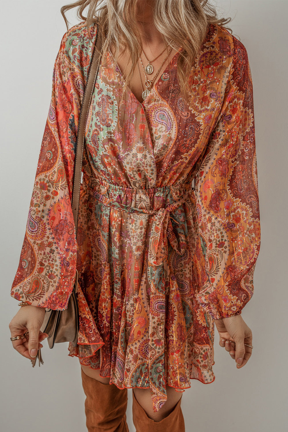 Orange Boho Paisley Print Long Sleeve Pleated Belted Mini Dress Mini Dresses JT's Designer Fashion