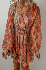 Orange Boho Paisley Print Long Sleeve Pleated Belted Mini Dress Mini Dresses JT's Designer Fashion