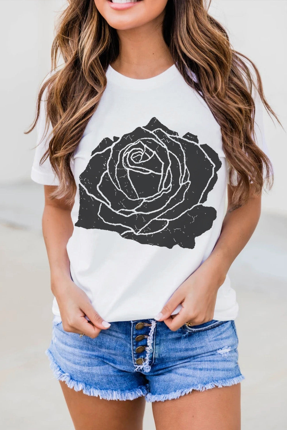 White Large Rose Print Round Neck T Shirt Graphic Tees JT's Designer Fashion
