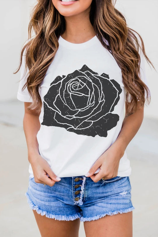 White Large Rose Print Round Neck T Shirt Graphic Tees JT's Designer Fashion