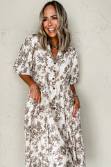 Khaki Floral Puff Sleeve V Neck Buttoned Front Long Dress Maxi Dresses JT's Designer Fashion