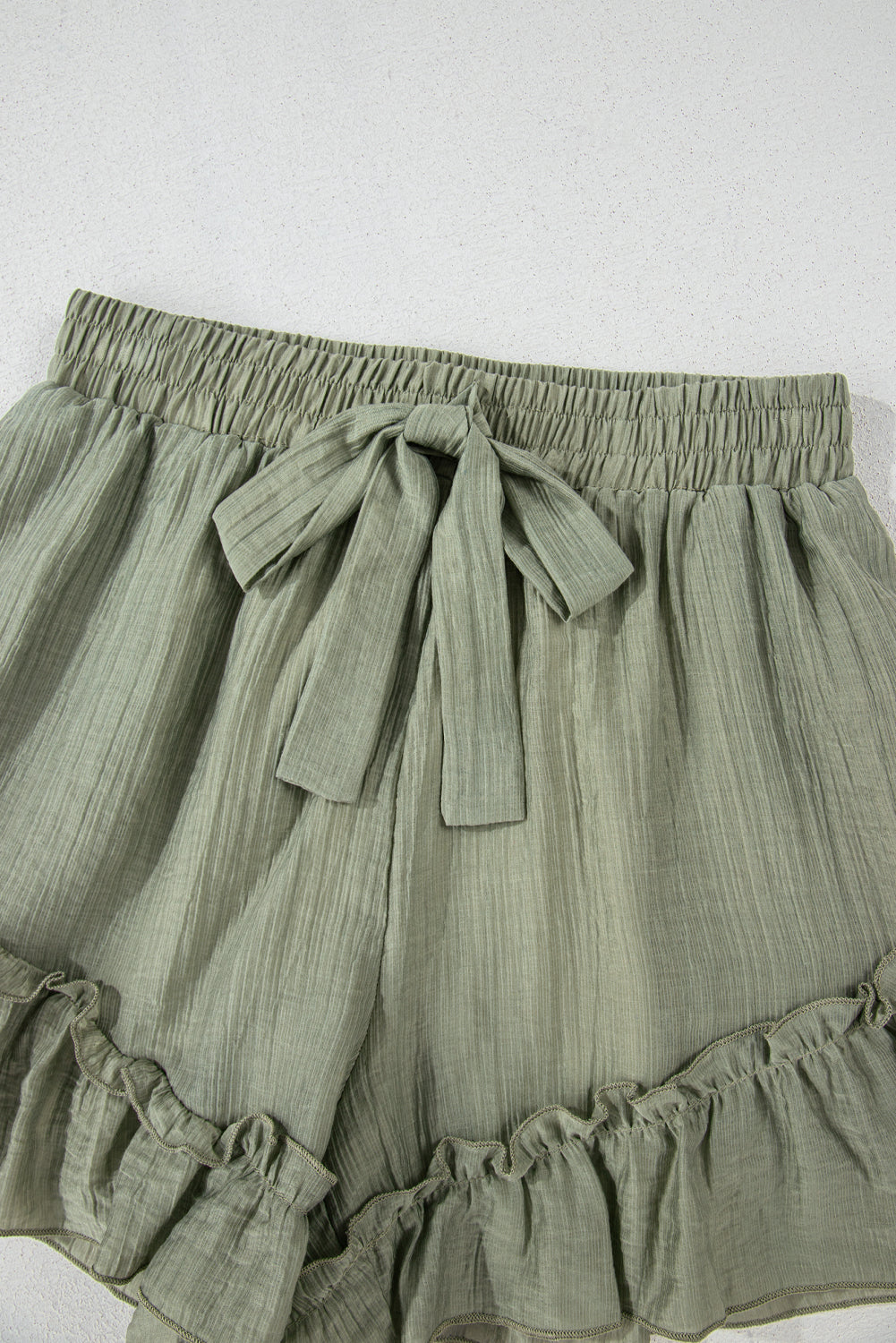 Laurel Green Textured Tie Waist Ruffle Hem Shorts Casual Shorts JT's Designer Fashion