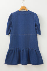 Blue Drawstring High Waist Puff Sleeve Denim Mini Dress Mini Dresses JT's Designer Fashion