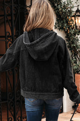Black Big Chest Pocket Drop Shoulder Hooded Denim Jacket Denim Jackets JT's Designer Fashion