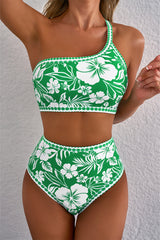 Green Floral Print One Shoulder High Waist Bikini Set Green 85%Polyester+15%Elastane Bikinis JT's Designer Fashion