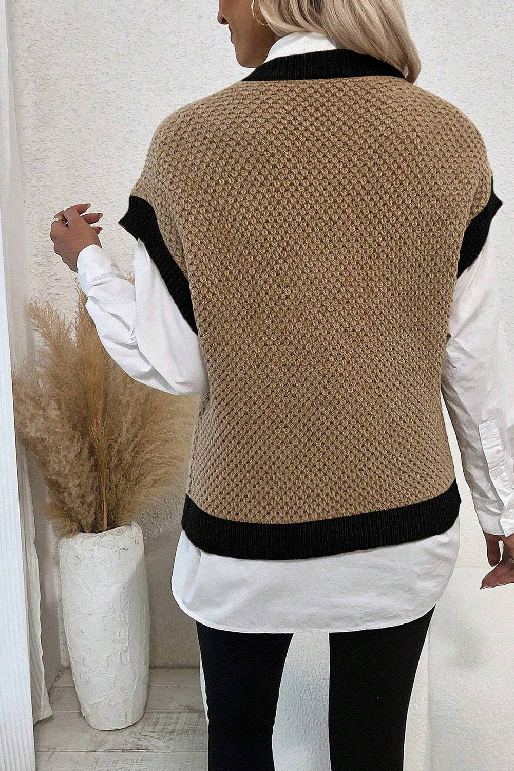 Light French Beige Contrast Trim Round Neck Batwing Sleeve Sweater Top Sweaters & Cardigans JT's Designer Fashion