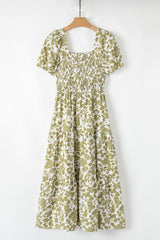 Yellow Boho Floral Square Neck Smocked Bust Puff Sleeve Tiered Long Dress Floral Dresses JT's Designer Fashion