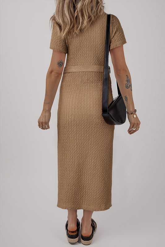 Buckskin Short Sleeve Textured Button Up Tie Waist Long Dress Maxi Dresses JT's Designer Fashion