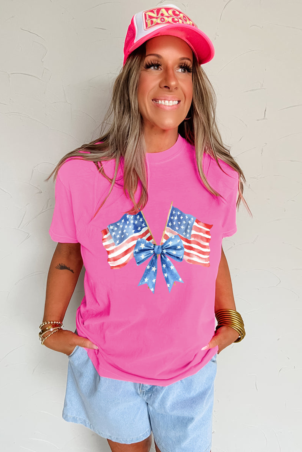 Sachet Pink Dual American Flag Bow Printed Casual T Shirt Graphic Tees JT's Designer Fashion