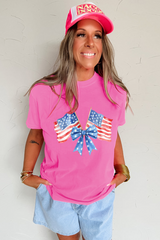 Sachet Pink Dual American Flag Bow Printed Casual T Shirt Graphic Tees JT's Designer Fashion