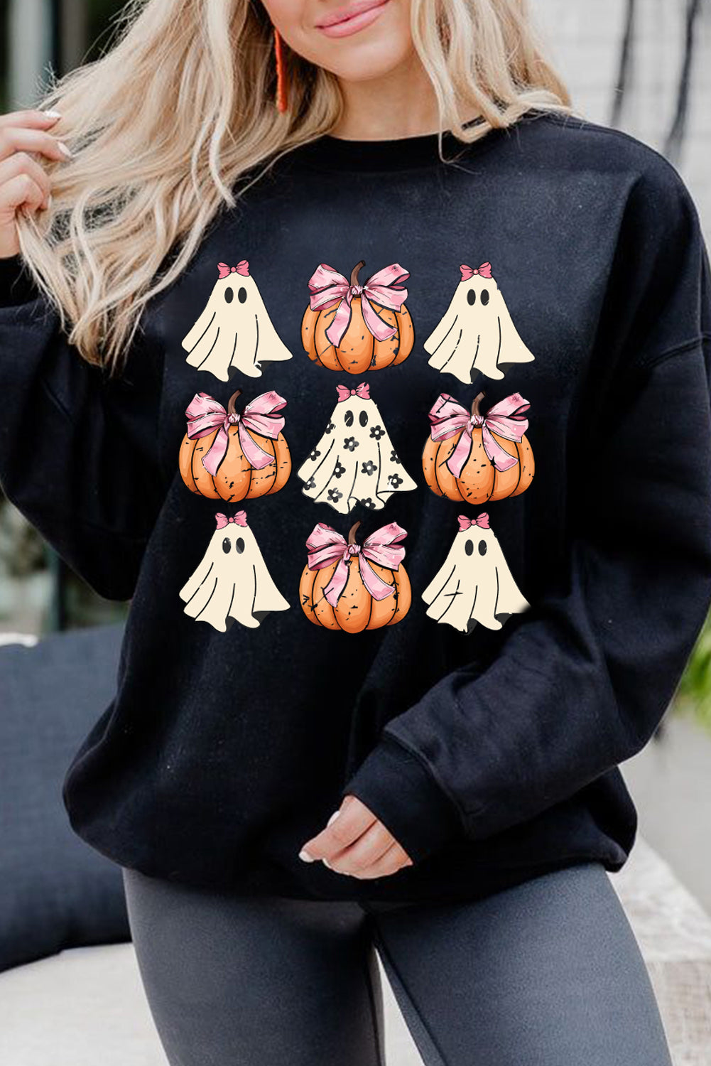 Black Halloween Bowknot Ghost Pumpkin Graphic Crewneck Sweatshirt Black 50%Polyester+50%Cotton Graphic Sweatshirts JT's Designer Fashion