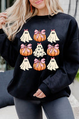 Black Halloween Bowknot Ghost Pumpkin Graphic Crewneck Sweatshirt Black 50%Polyester+50%Cotton Graphic Sweatshirts JT's Designer Fashion