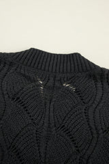 Black Hollow Out Knit V Neck Drop Shoulder Sweater Sweaters JT's Designer Fashion