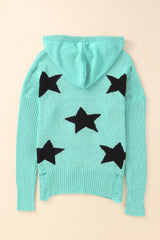 Green V Neck Star Pattern Hooded Sweater with Slits Sweaters & Cardigans JT's Designer Fashion