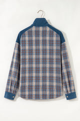 Gray Plaid Corduroy Patchwork Collared Zip Up Snap Button Jacket Plaid Shackets JT's Designer Fashion