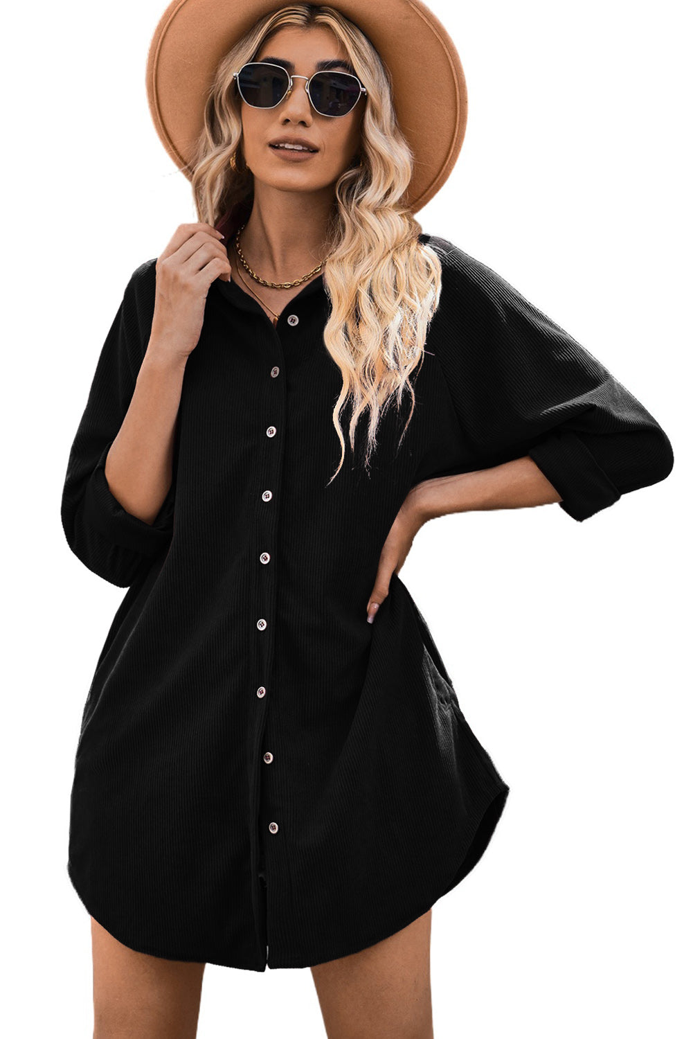 Black Corduroy Shirt Style Full Button Long Sleeve Shift Mini Dress Mini Dresses JT's Designer Fashion