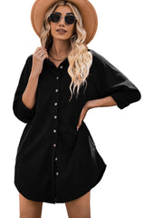 Black Corduroy Shirt Style Full Button Long Sleeve Shift Mini Dress Mini Dresses JT's Designer Fashion
