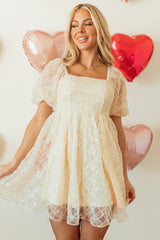 Apricot Sequined Lace Mesh Bubble Sleeve Square Neck Dress Mini Dresses JT's Designer Fashion