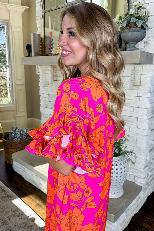Pink Voluminous Ruffled Sleeve Floral Dress Floral Dresses JT's Designer Fashion