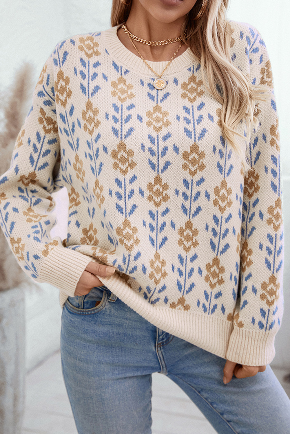 Apricot Floral Pattern Crew Neck Sweater Sweaters JT's Designer Fashion