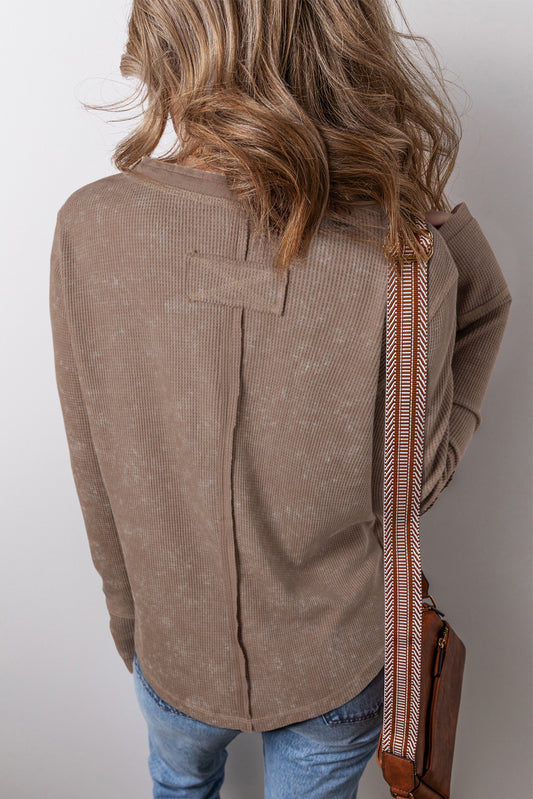 Coffee Acid Wash Waffle Knit Buttoned Neckline Long Sleeve Top Long Sleeve Tops JT's Designer Fashion
